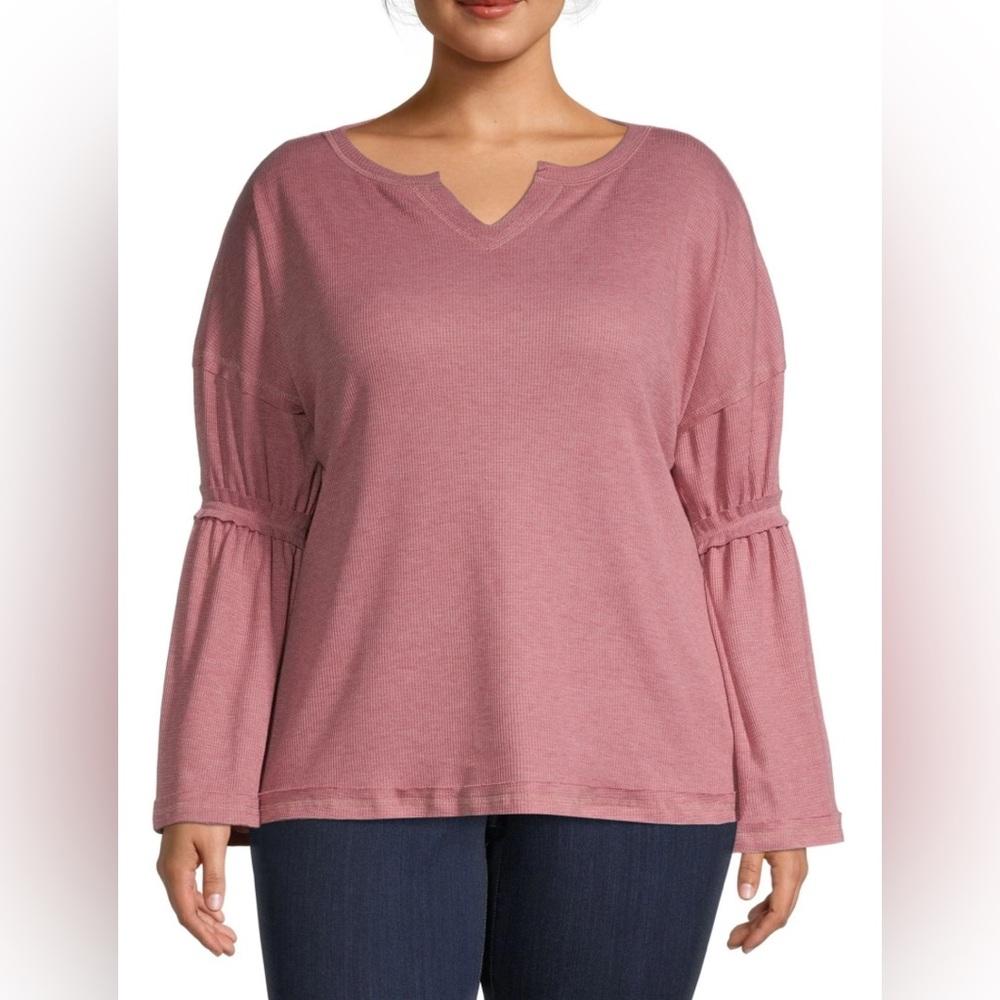Women's Long Sleeve Thermal Pink V-Neck Top Size 3XL